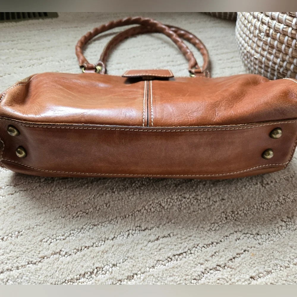 Patricia Nash Rienzo Satchel Handbag Full Grain Cognac Leather Vintage Style - Picture 13 of 16